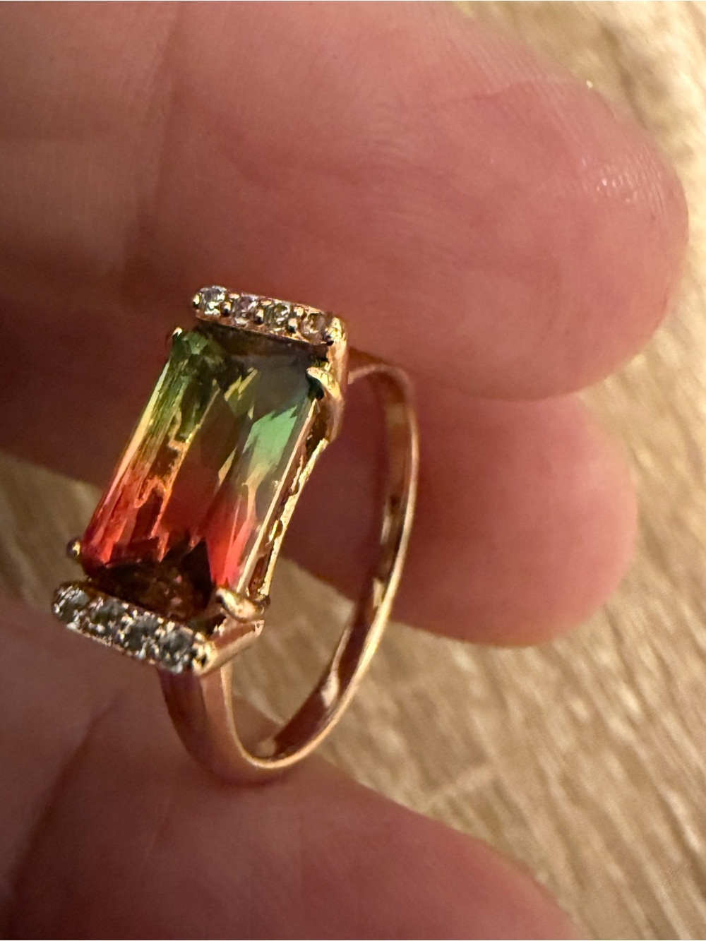 Gold Ring with Gradient Green to Orange Stone